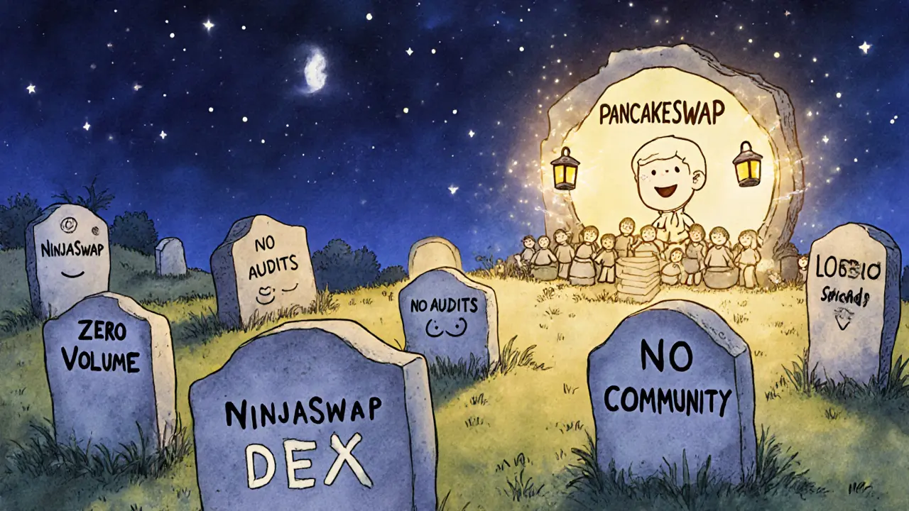 A crypto graveyard under stars, with NinjaSwap&#039;s tombstone beside a shining PancakeSwap in the distance.