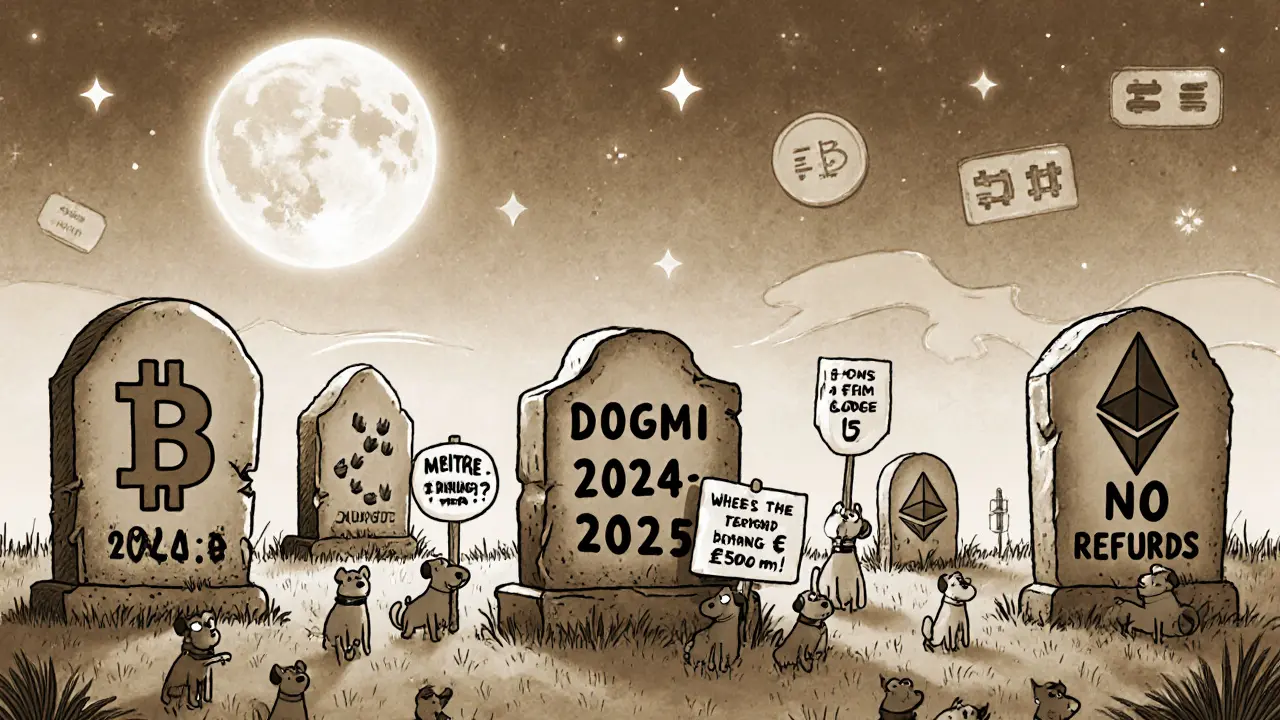 A crypto graveyard with DOGMI&#039;s tombstone surrounded by weeping dogs, under a moon shaped like a wallet.
