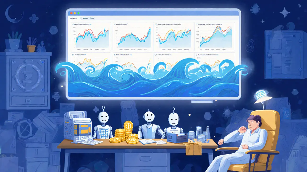 A digital dashboard with robot assistants managing crypto portfolios while a person sleeps peacefully.