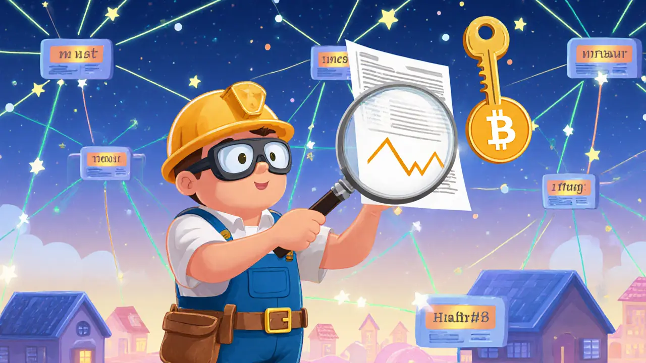 A friendly miner examining a signed transaction with public and private keys floating nearby, in a network of connected computer nodes.