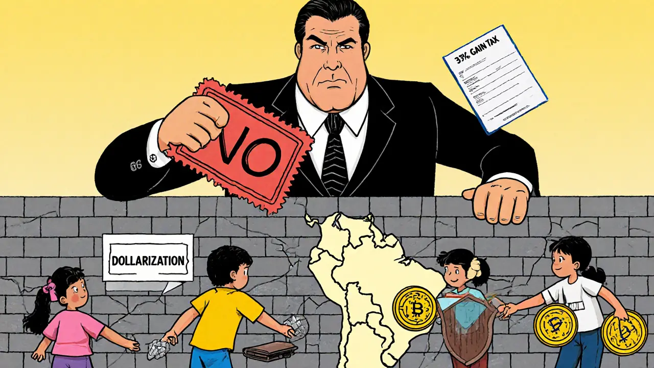 A giant bank official stamping &#039;NO&#039; over a map of Latin America while people pass crypto through a wall.