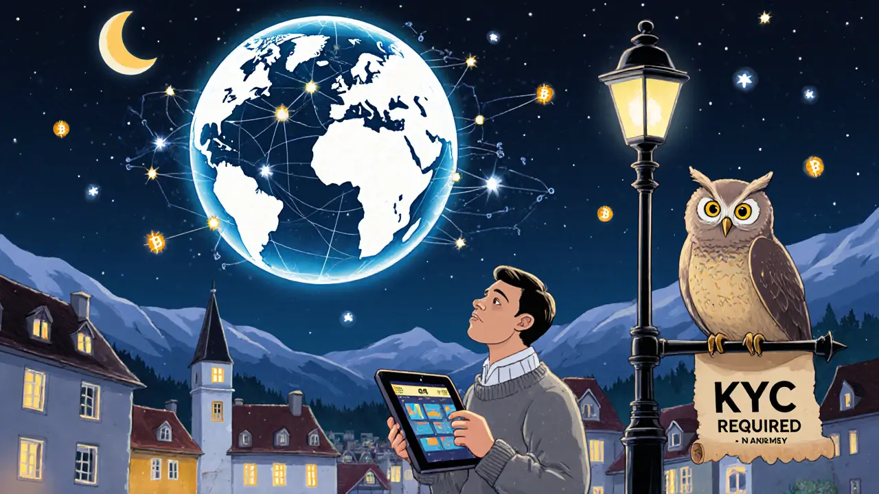 A glowing globe above Zug shows global crypto data exchange, an investor watches their holdings, and a wise owl enforces KYC rules under moonlight.
