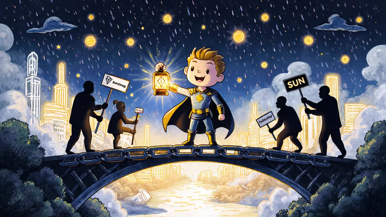 A hero holds a lantern labeled &#039;sunswap.finance&#039; to defeat fake website shadows on a blockchain bridge.