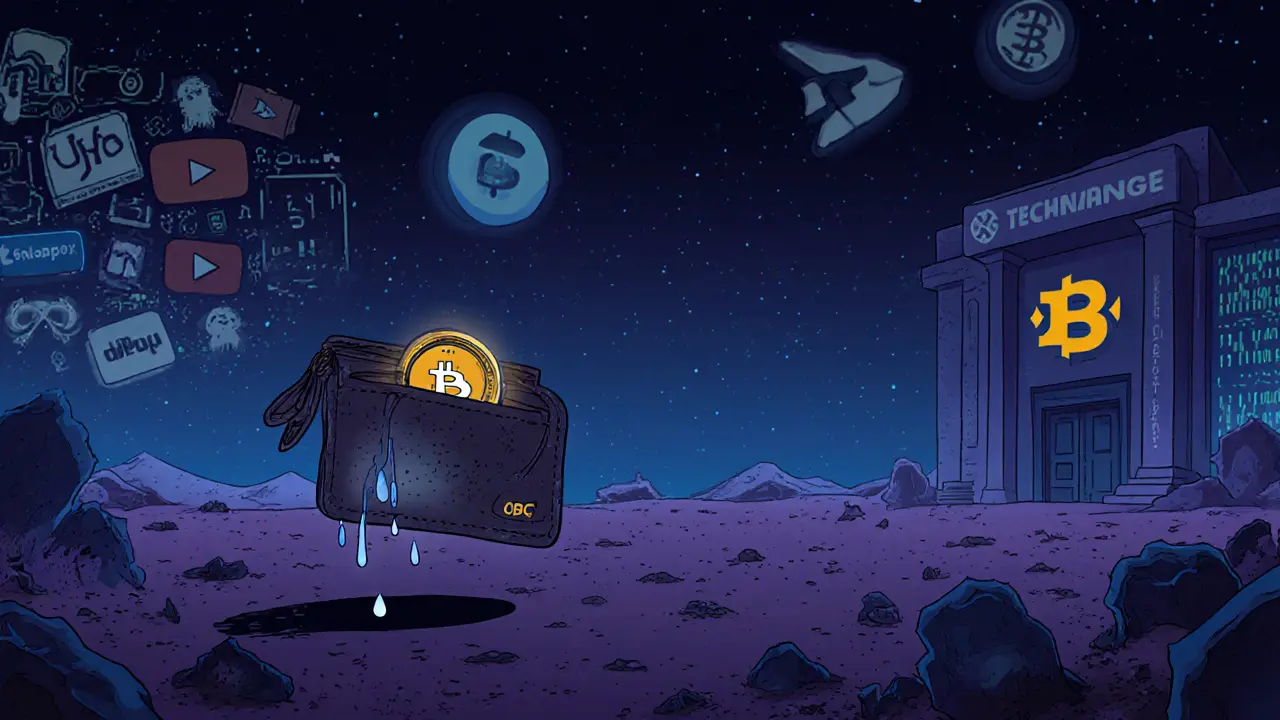 A lone digital wallet floating in an empty void, holding a fading OKFLY token surrounded by disappearing social media ghosts.