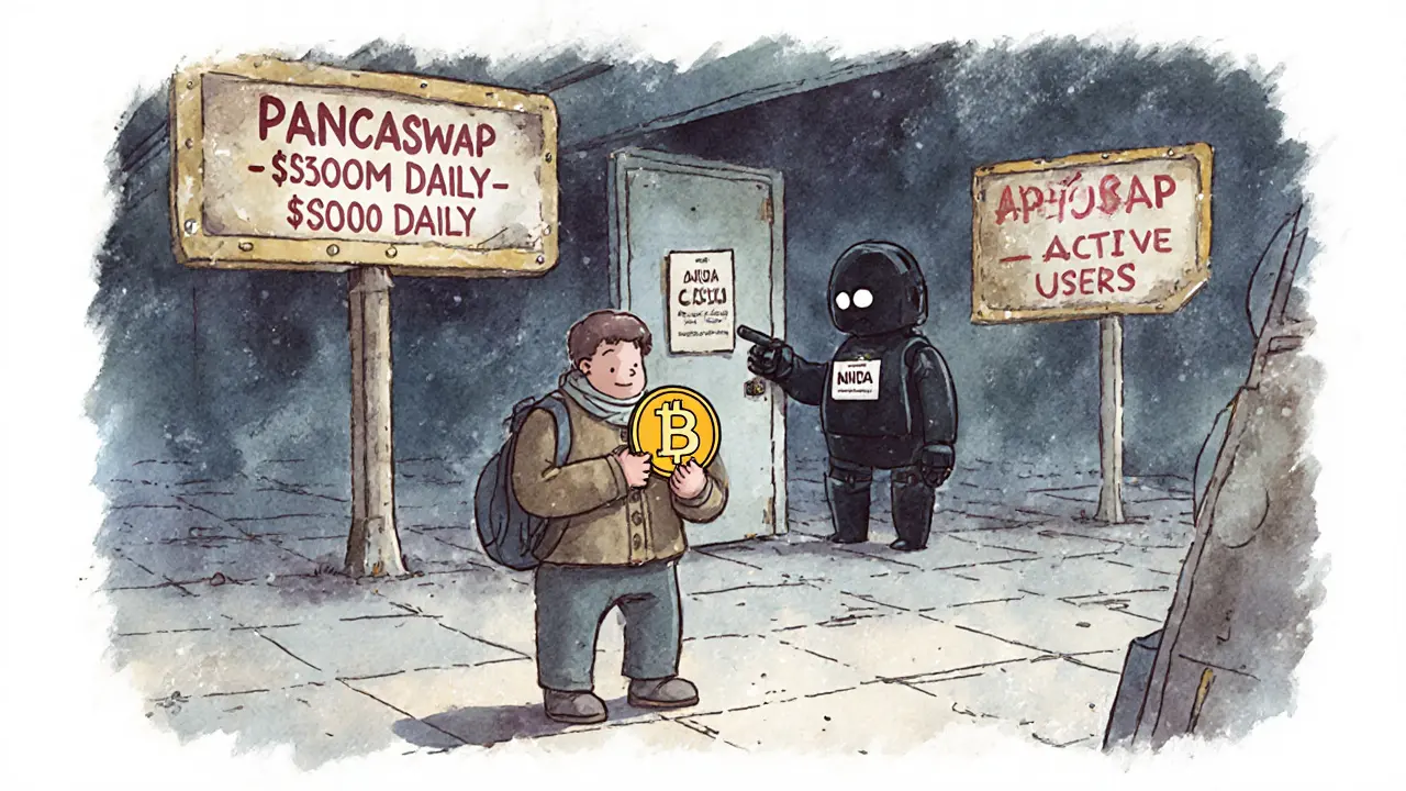 A lone traveler facing a closed NinjaSwap door while bustling alternatives glow in the distance.