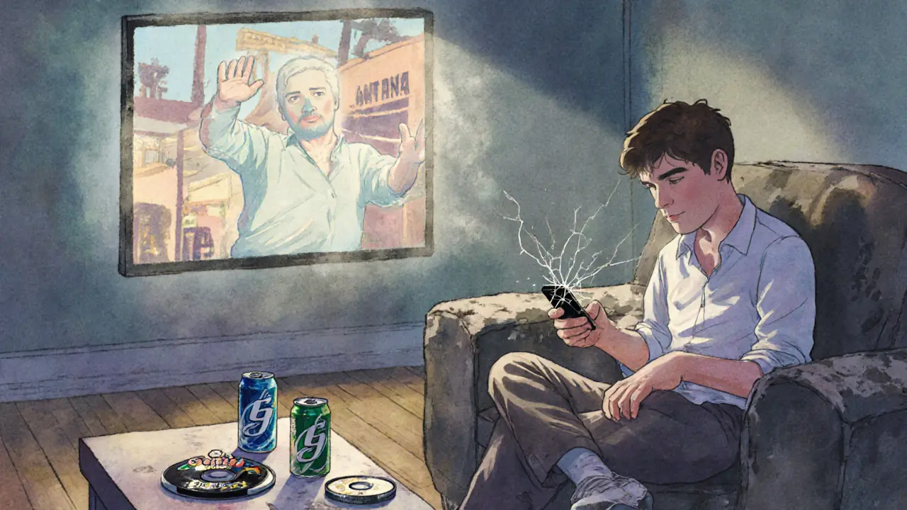 A lonely investor stares at a falling CJ token price on a smartphone, surrounded by GTA: San Andreas memorabilia.