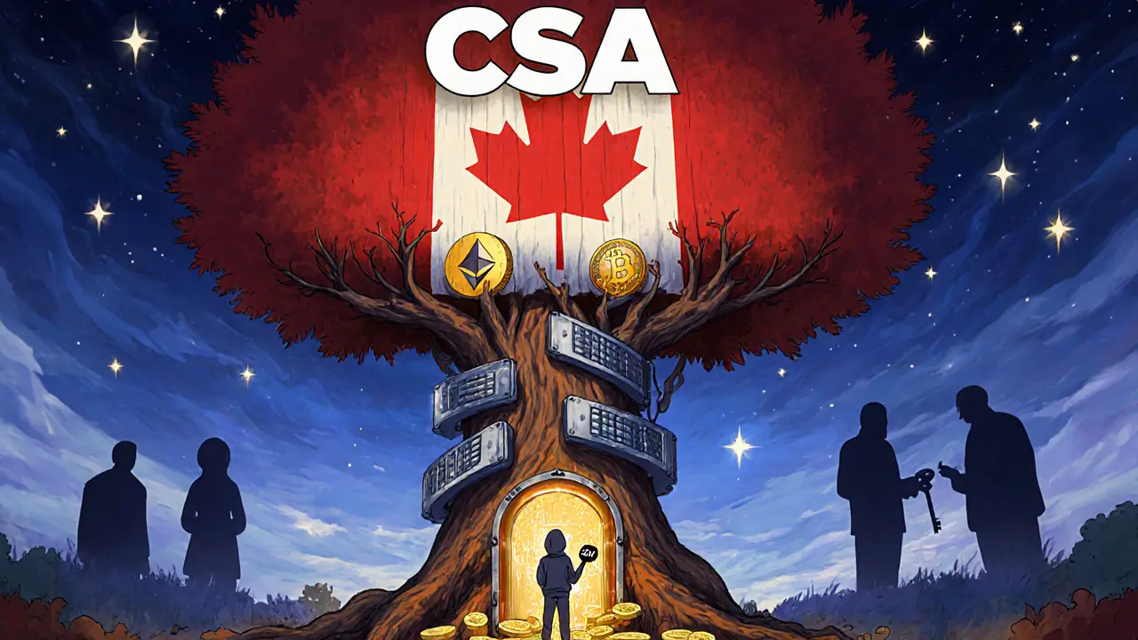 A maple tree vault protects crypto coins, symbolizing Bitbuy’s secure storage and CSA regulation.