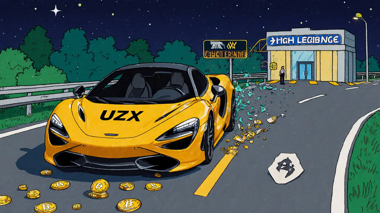A no-seatbelt sports car labeled UZX speeding away from shattered regulations toward safe exchanges.