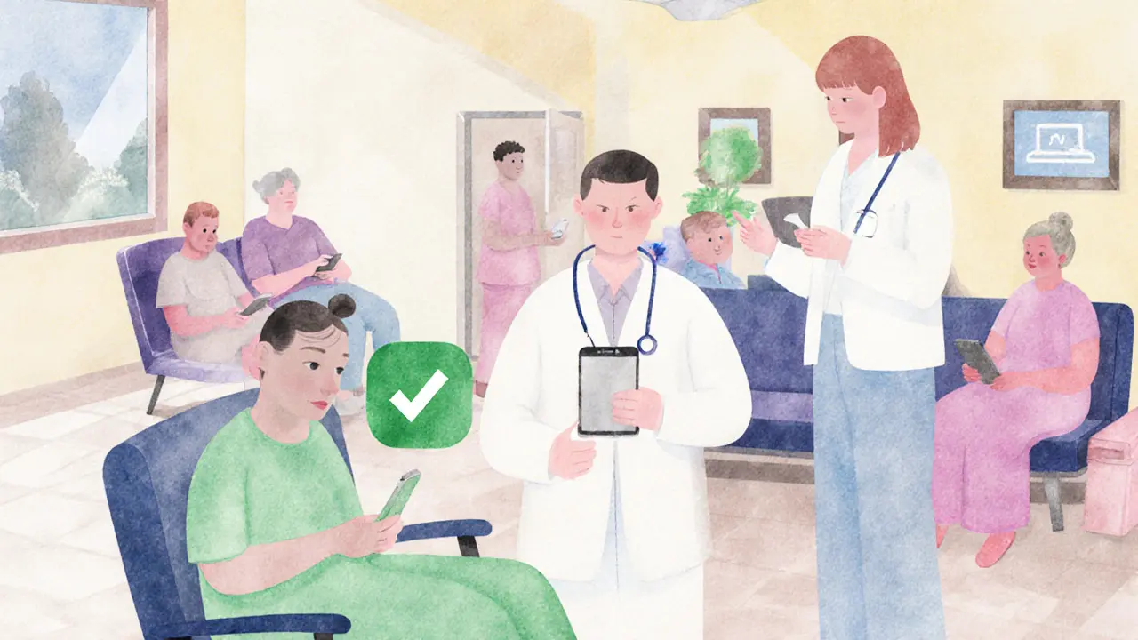 A patient verifying identity at a hospital with only a green checkmark visible on the doctor&#039;s screen, no personal data shown.