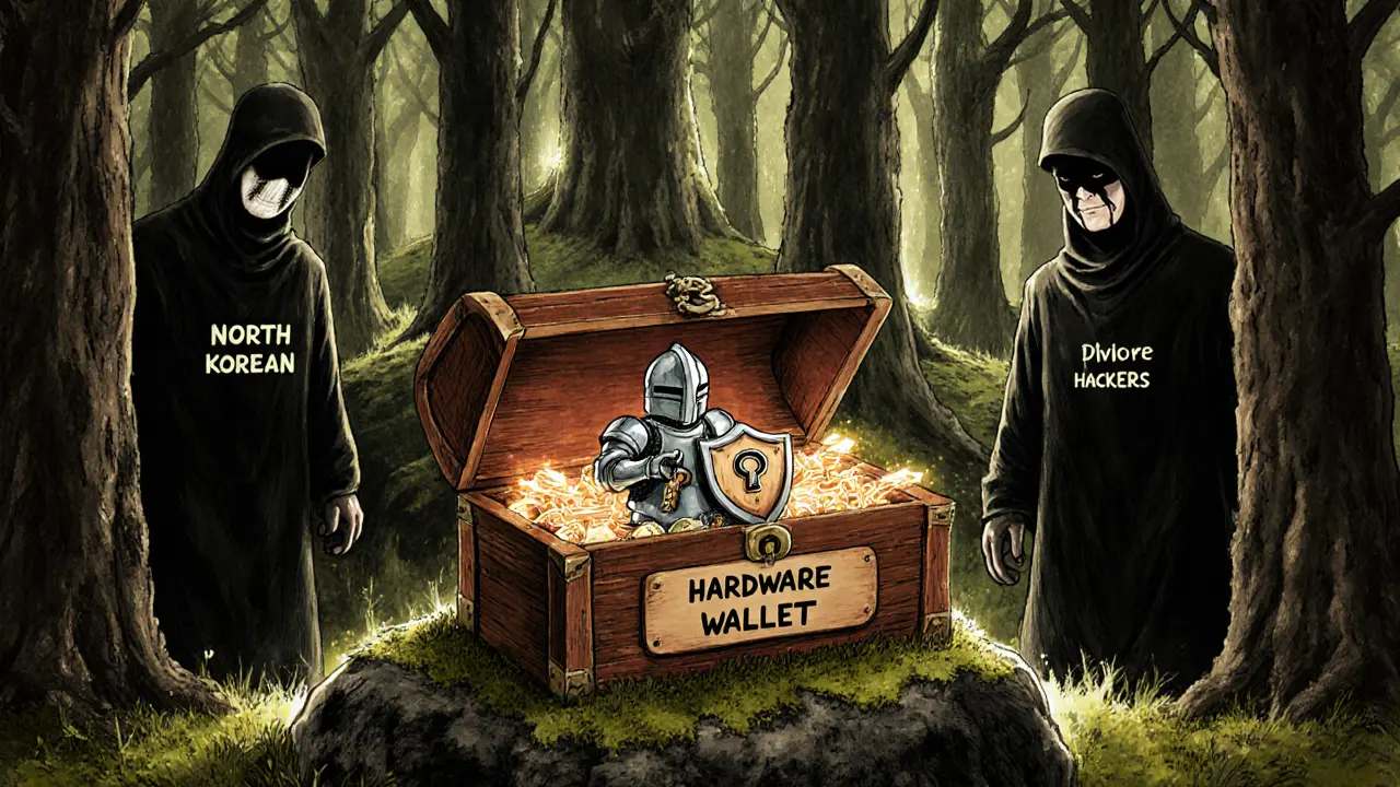 A secure hardware wallet chest open with a knight guarding keys, shadowy hackers lurking nearby.