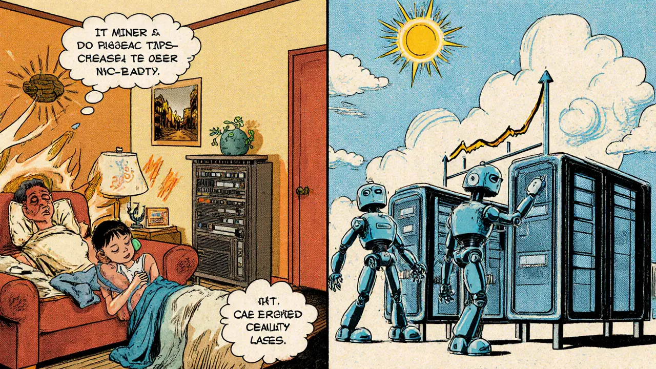 A split scene: noisy home mining vs. clean solar-powered data center with rising profit graph.
