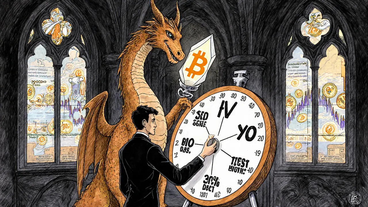 A trader turns a HV calculator wheel as a dragon feeds data into an AI crystal predicting volatility in a magical trading tower.