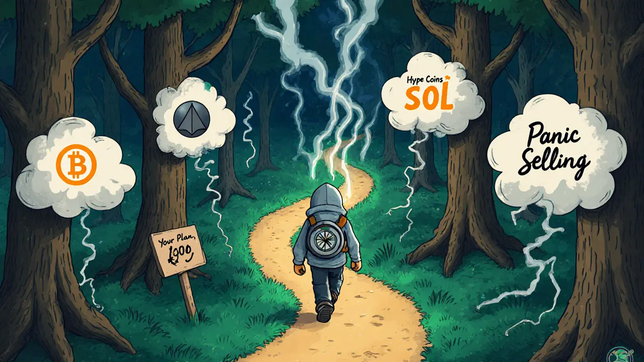 A traveler on a path through a forest of crypto trees, guided by a compass pointing to 60-30-10.