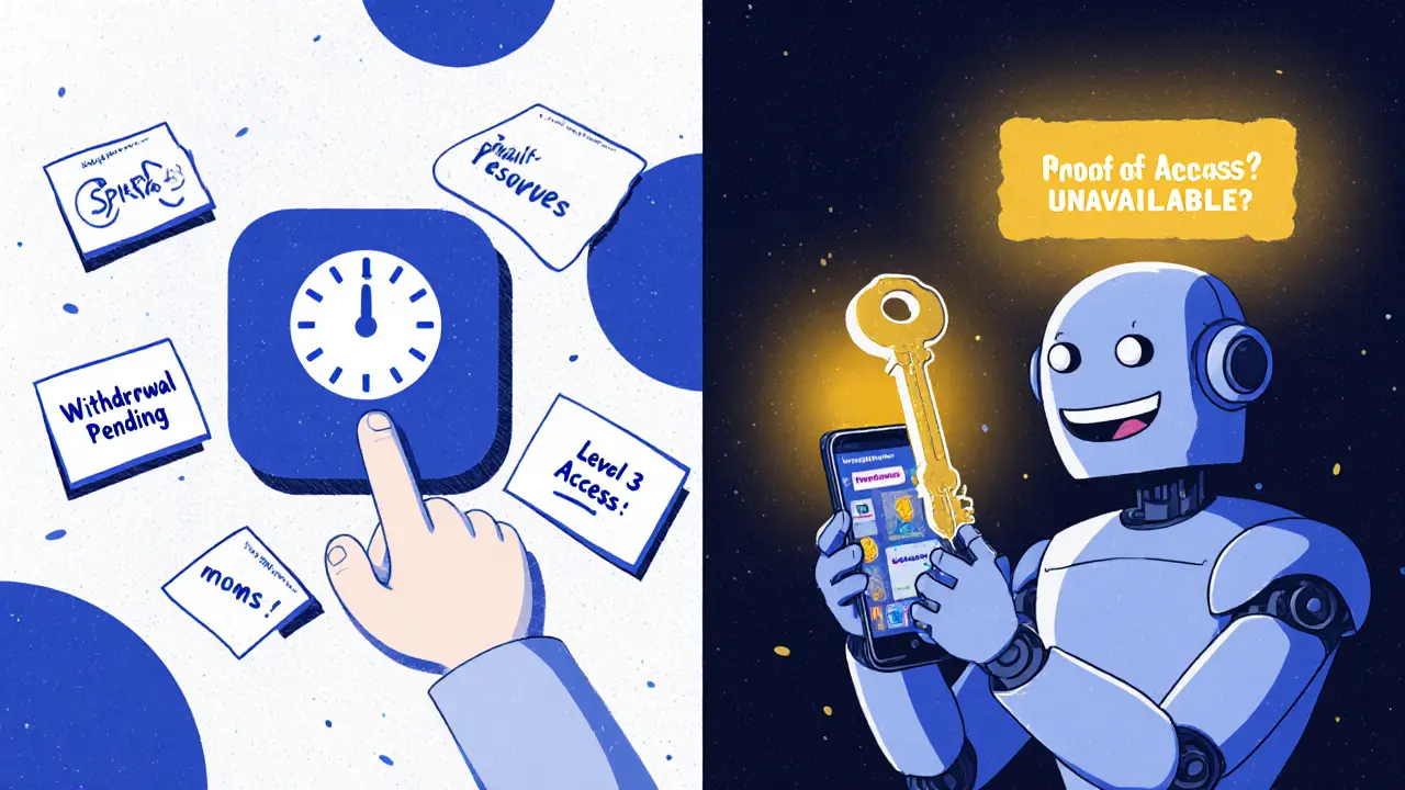 A user facing slow support on one side and unlocking rewards on the other, with a question mark over proof-of-reserves.