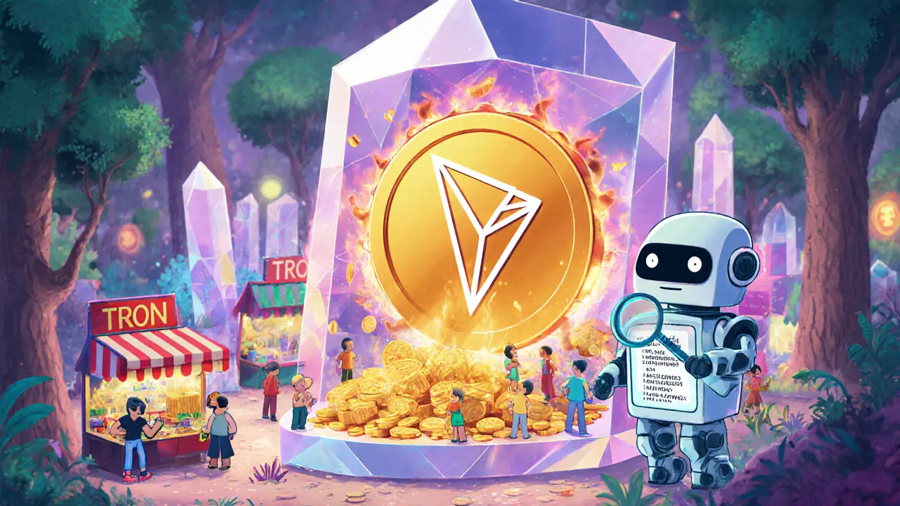 A vibrant digital marketplace inside a TRON crystal where tiny traders swap tokens under a burning SUN token.