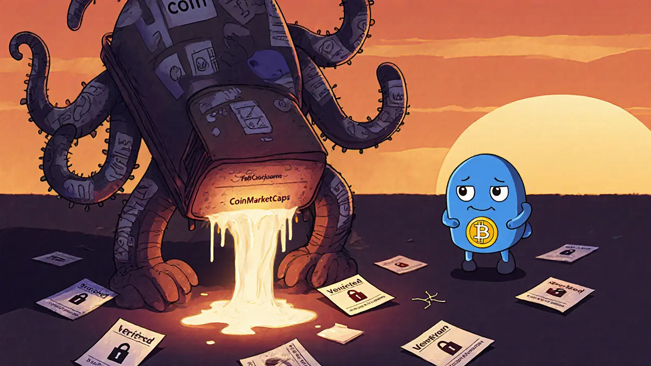 A wallet being drained by a shadow creature while a verified mascot watches, with fake flyers scattered around.