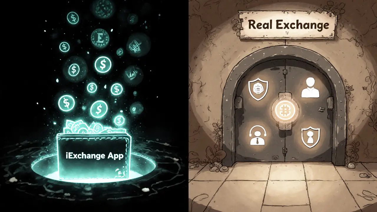 A wallet losing funds into a black hole labeled iExchange, while a secure vault glows safely beside it.