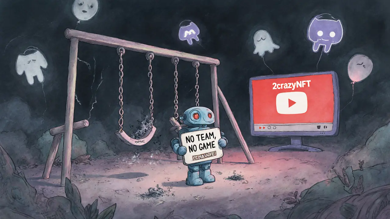 An abandoned digital playground with crumbling NFTs and a lonely robot under a fading YouTube ad.