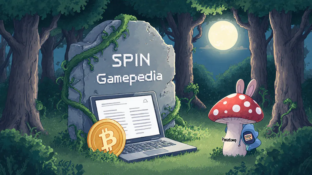 An abandoned Gamepedia monument overgrown with vines, a single SPIN token resting in moss under moonlight.