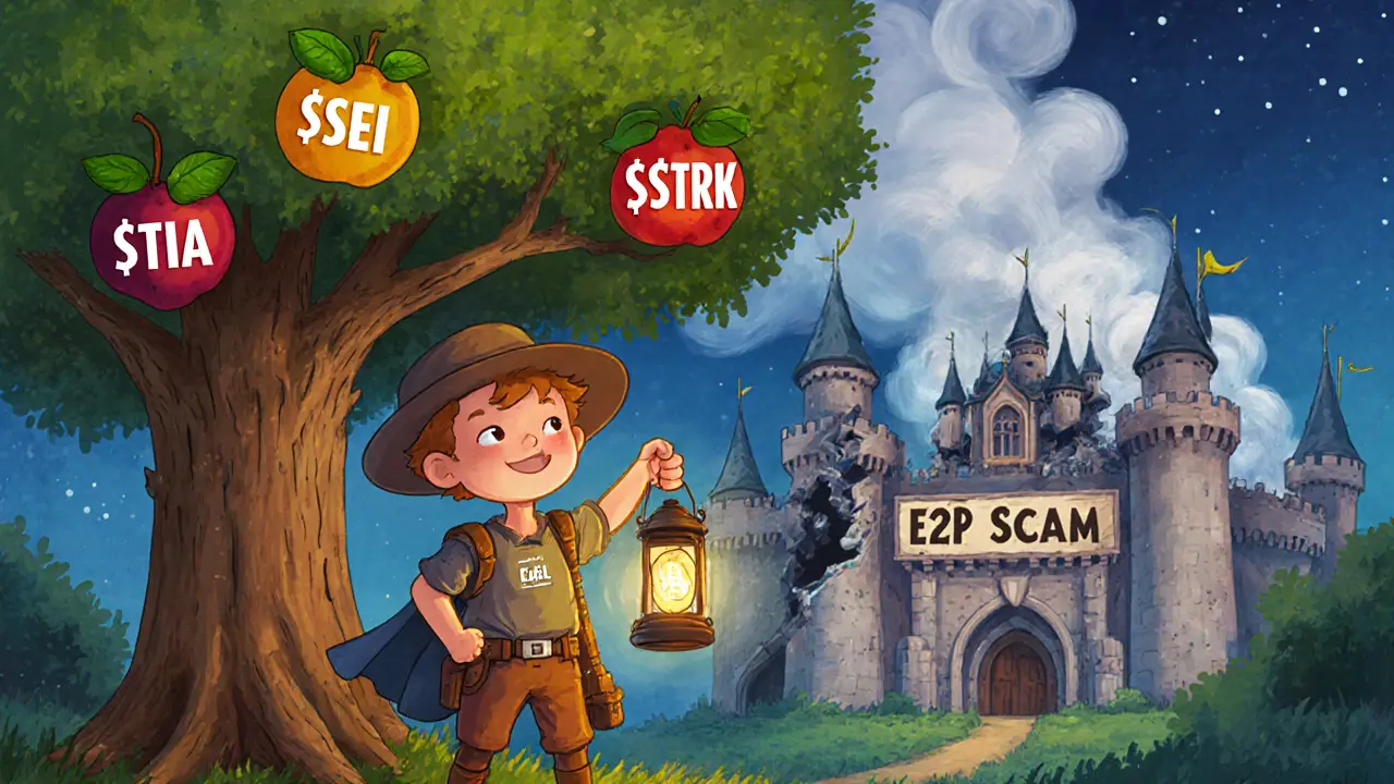 An explorer with a verification lantern stands beside a tree of real crypto tokens, as a scam castle crumbles behind.