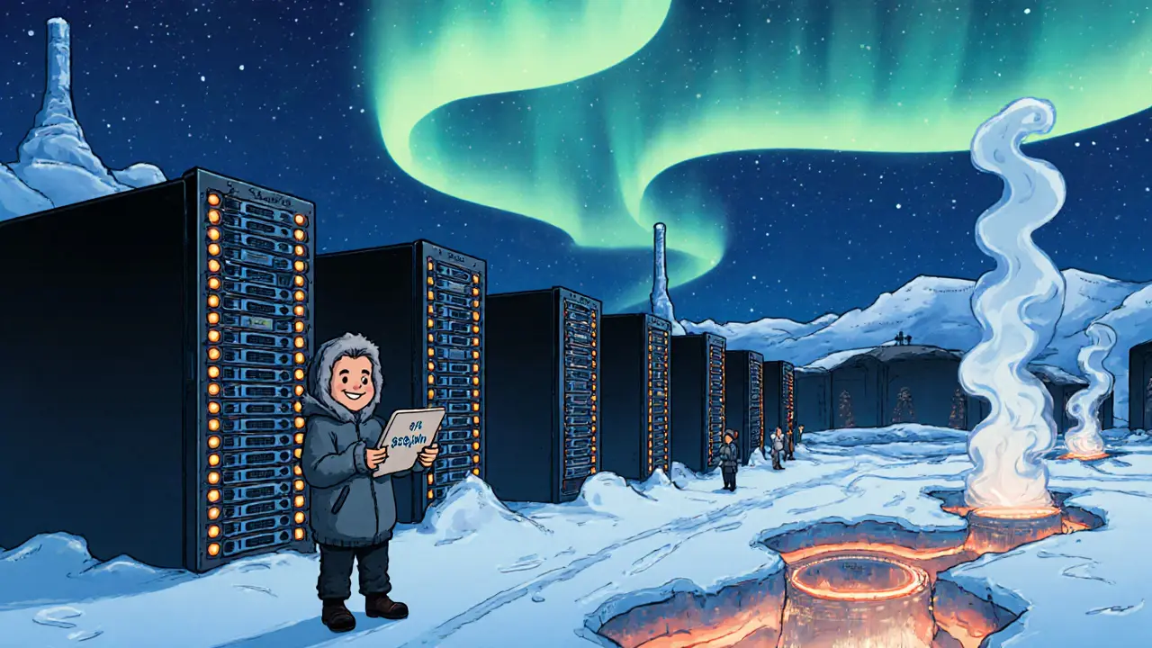 An industrial Bitcoin mining farm in Iceland under the northern lights, powered by geothermal energy.