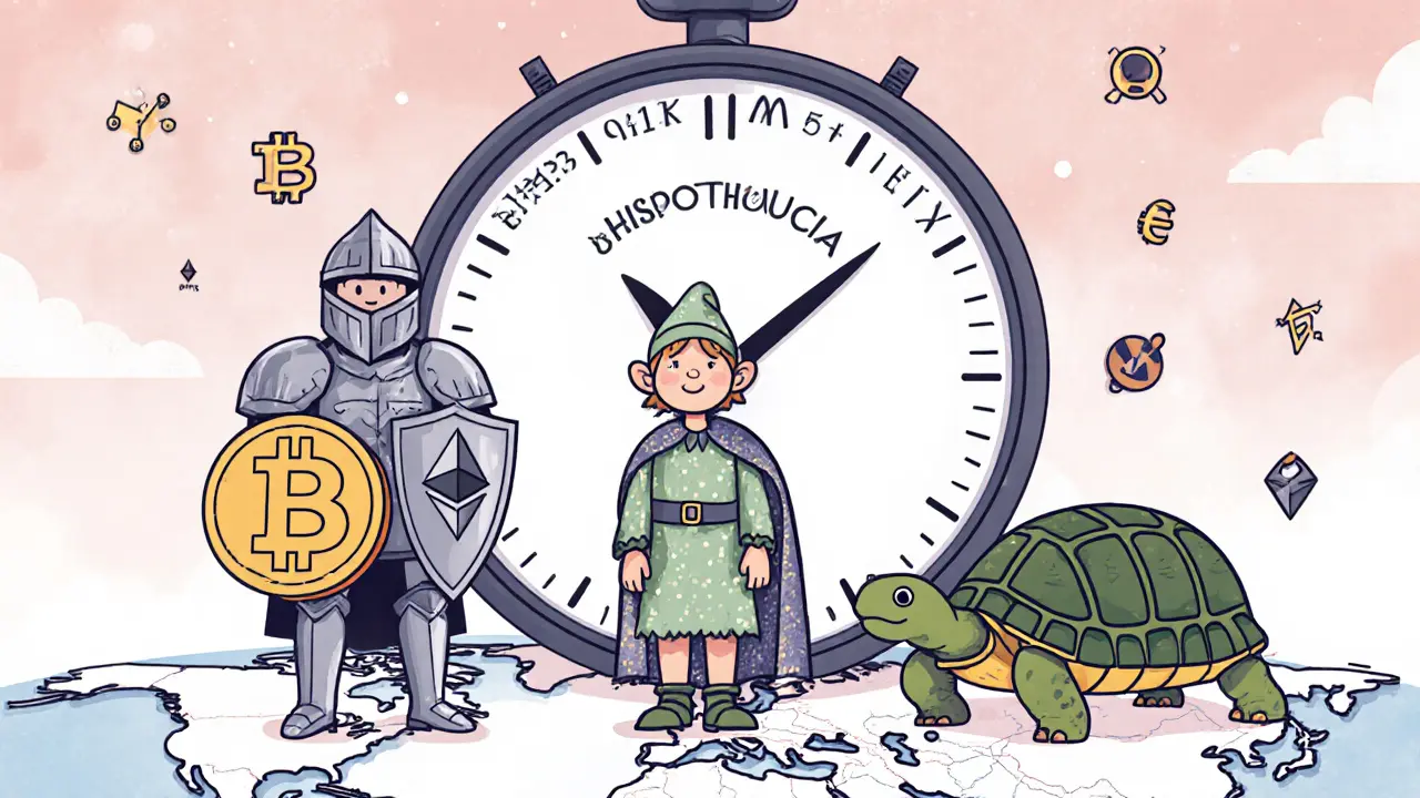 Bitcoin, Ethereum, and USDT as characters with volatility-themed gear standing on a crypto exchange map under a ticking HV clock.