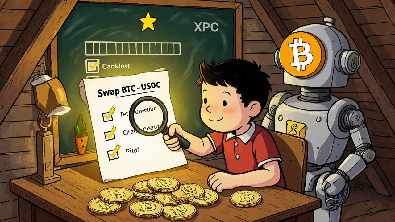 Childlike Cadet receiving an XP badge while doing a testnet mission at a wooden desk.