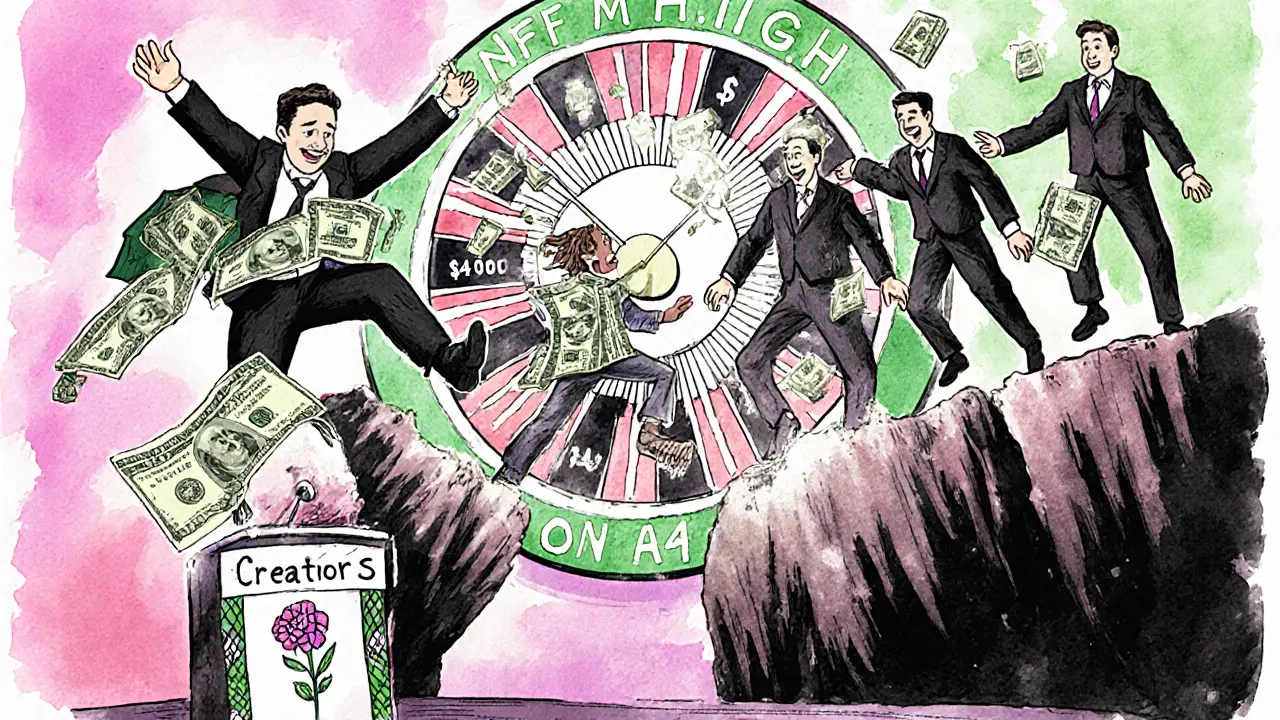 Day traders dance around a spinning price wheel as a collapsed stage reads &#039;Creators Welcome&#039;.