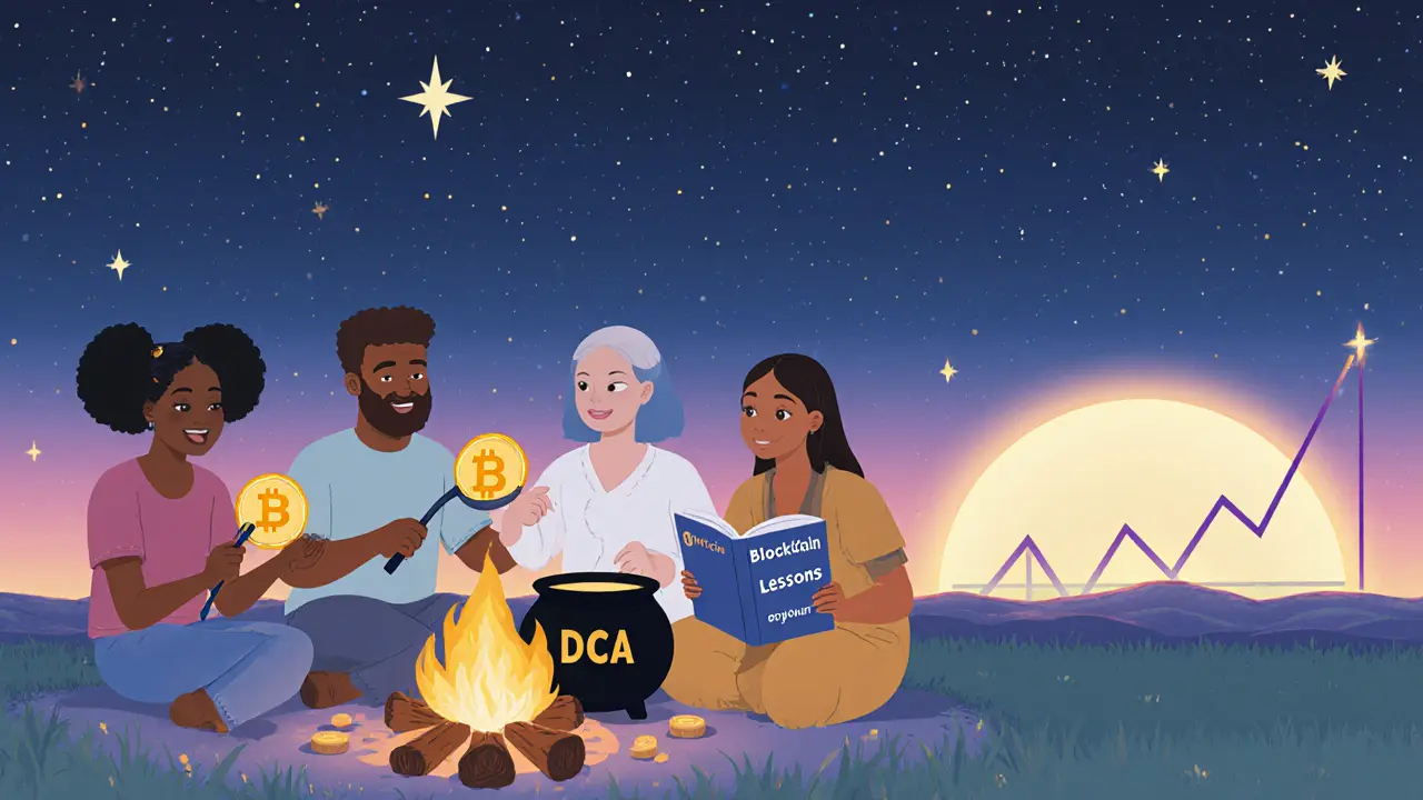 Diverse characters sit by a campfire, holding glowing coins, reading and learning as dawn breaks over a rising Bitcoin graph.