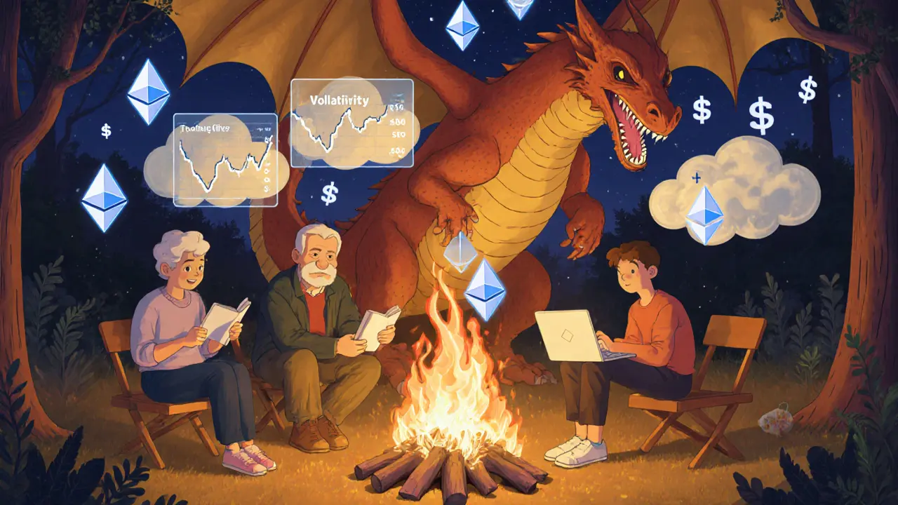 Diverse people around a campfire of Ethereum blocks, with a volatility dragon breathing dollar signs.
