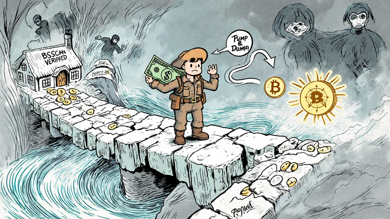 Explorer at a crumbling bridge of trading charts, choosing between safety and risk with glowing guidance words nearby.