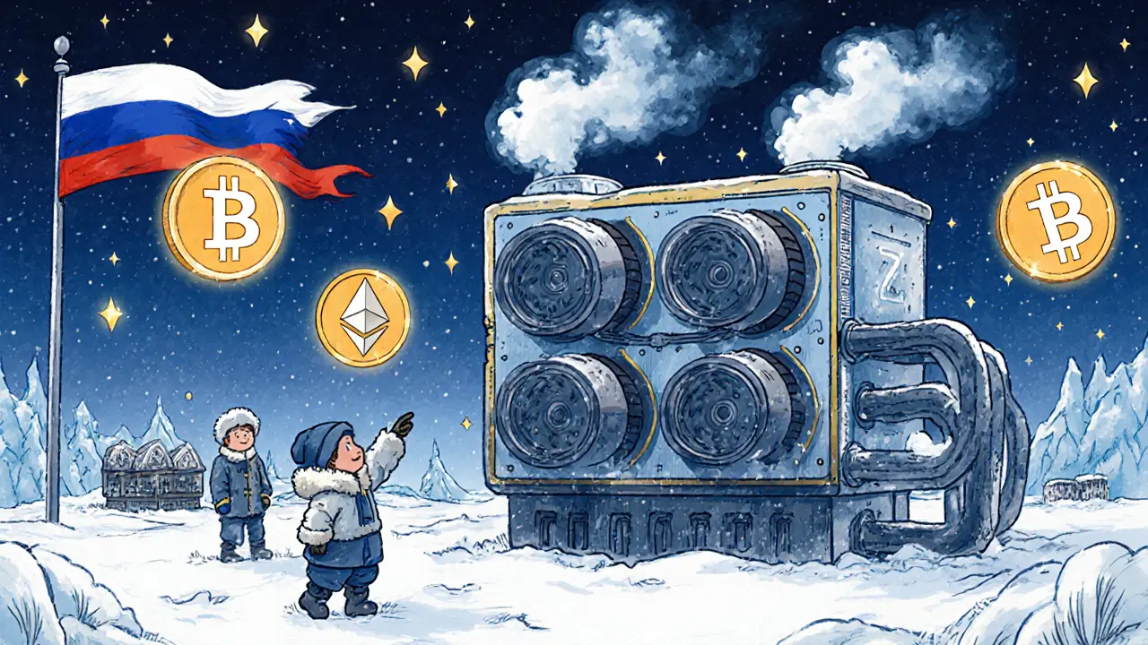 Giant mining rigs glow in Siberia under a sky of crypto coins, with workers smiling in the snow.