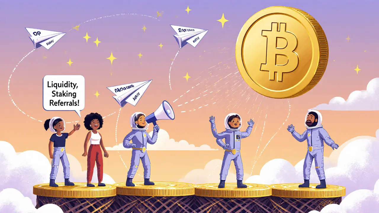 Group of Archstronauts launching mission paper airplanes toward a golden ARCH token.