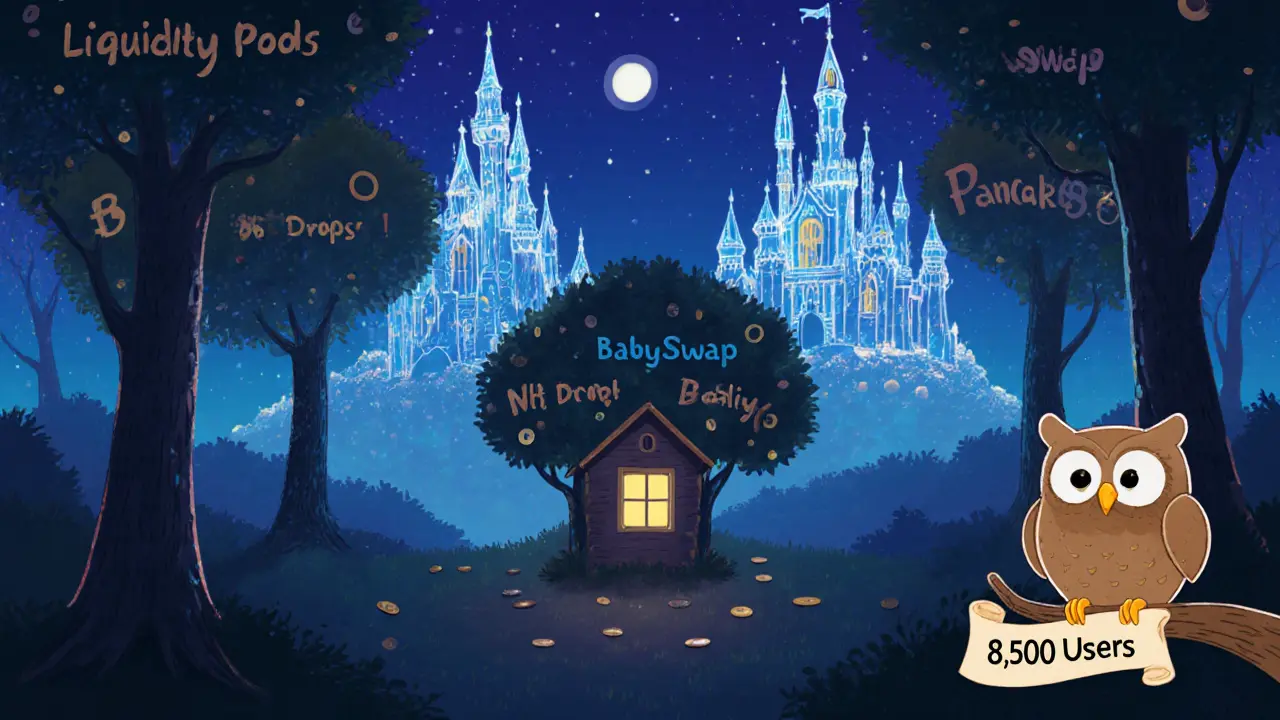 Moonlit digital forest with BabySwap treehouse lit softly, surrounded by giant rival exchanges, an owl watching silently.