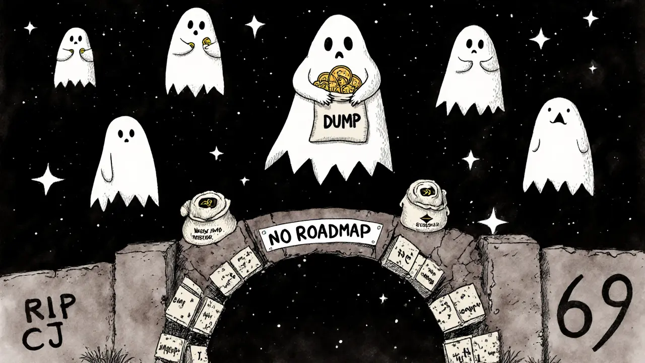 Nine ghostly wallets float in darkness, one large one dominating the rest, with a crumbling bridge to nowhere.