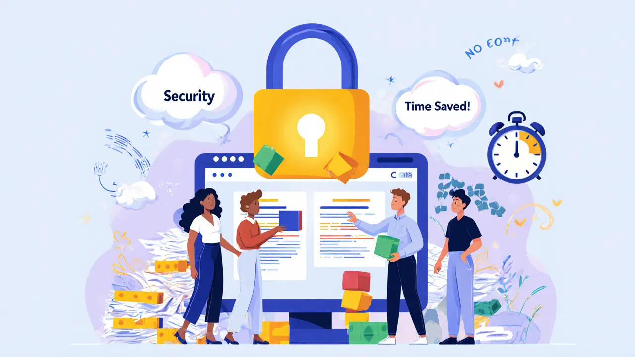 Non-technical team members build a smart contract using drag-and-drop blocks on a digital dashboard.