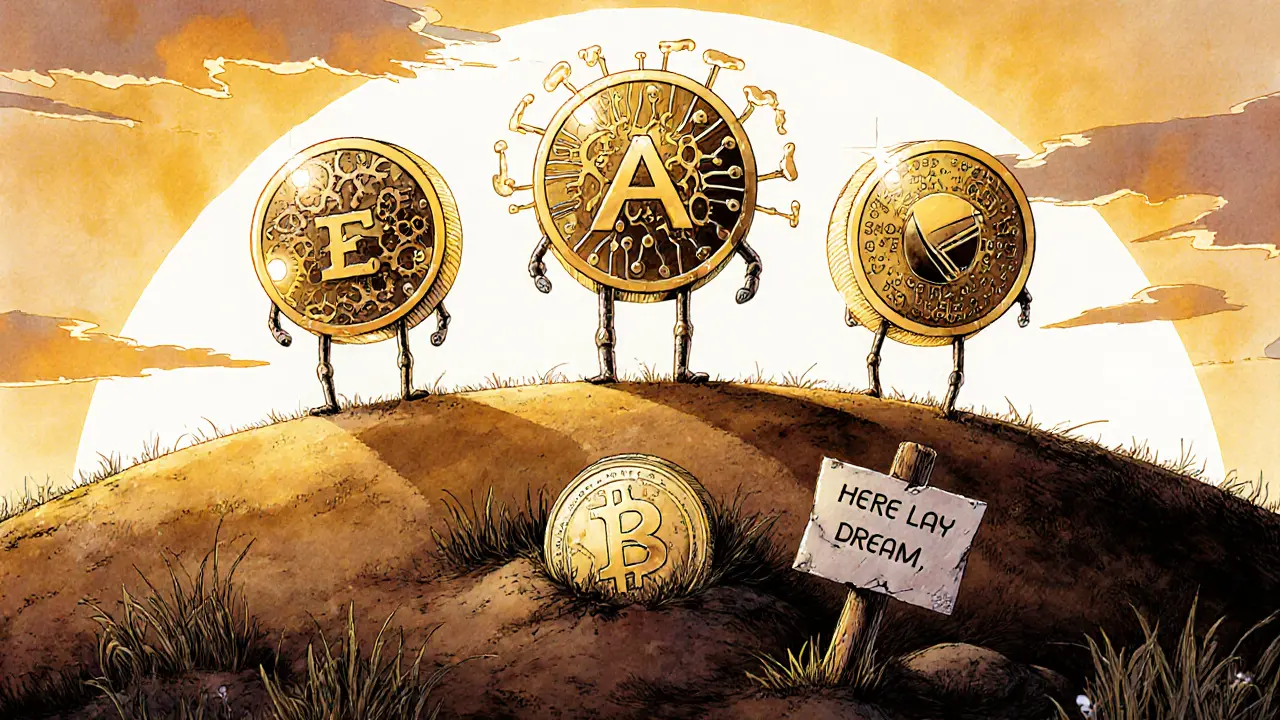 Real AI tokens shine on a hill as INSP lies buried and forgotten below.