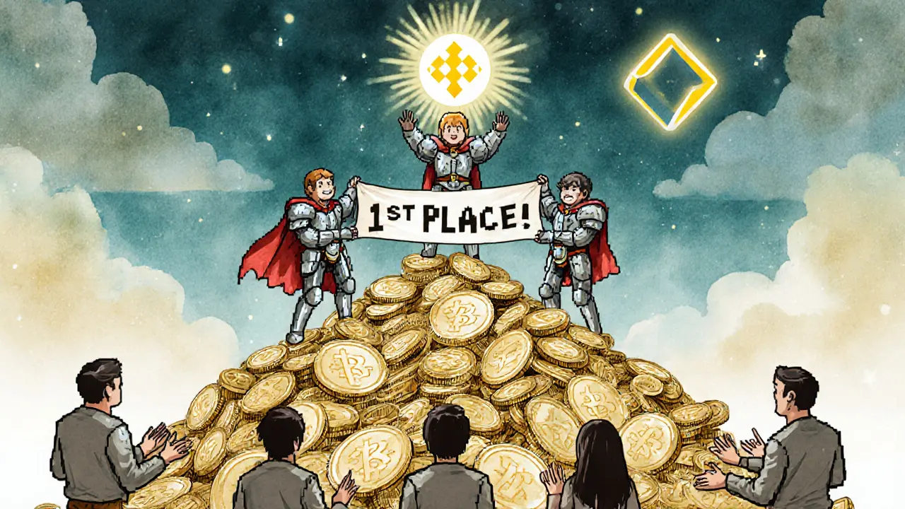 Three guild leaders stand atop a pile of SPIN tokens while solo players watch below in a whimsical crypto world.