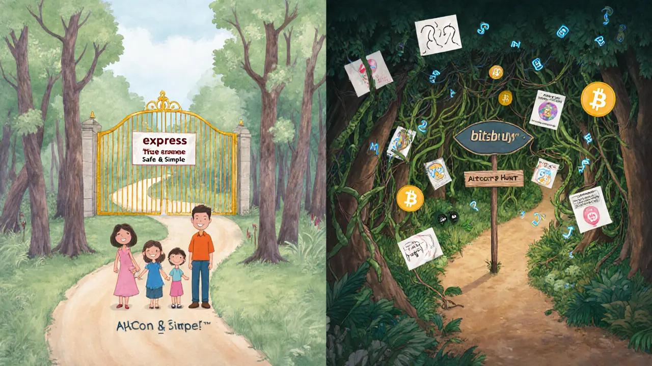 Two paths in a forest: one peaceful for safe crypto buying, the other chaotic for risky altcoins.