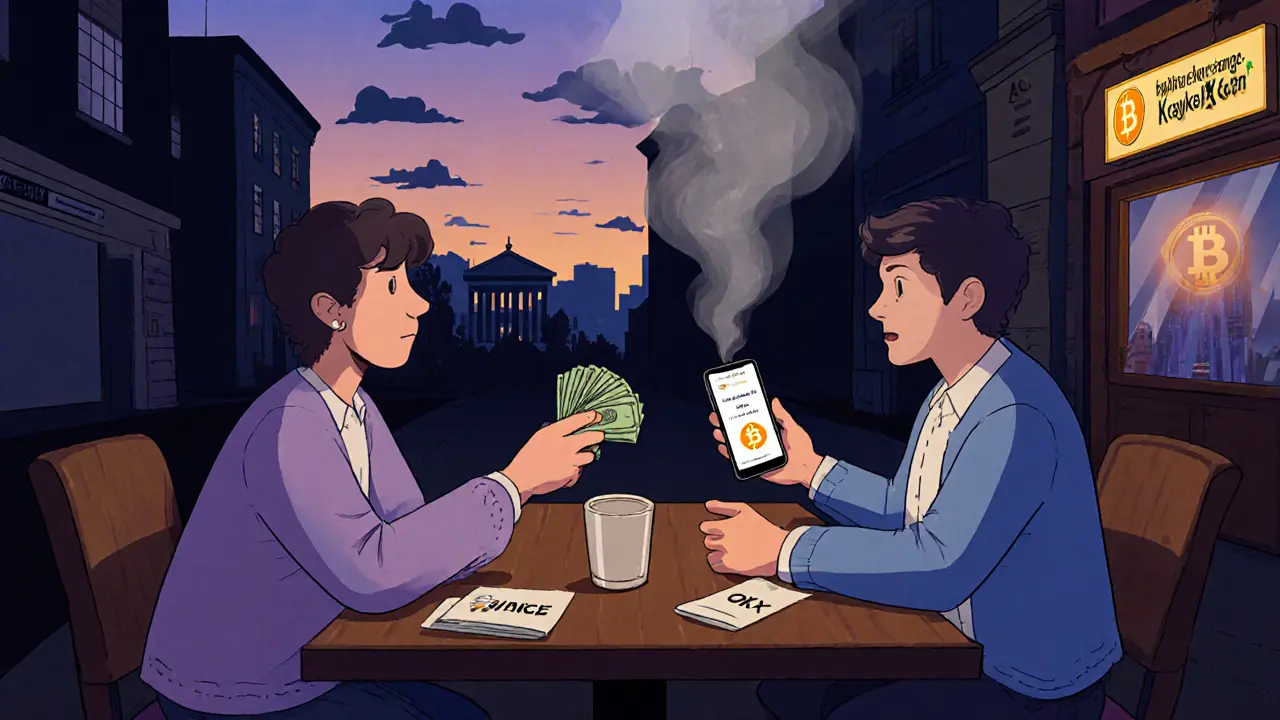 Two people exchanging cash for Bitcoin in a café, with banned exchange names fading in the background.