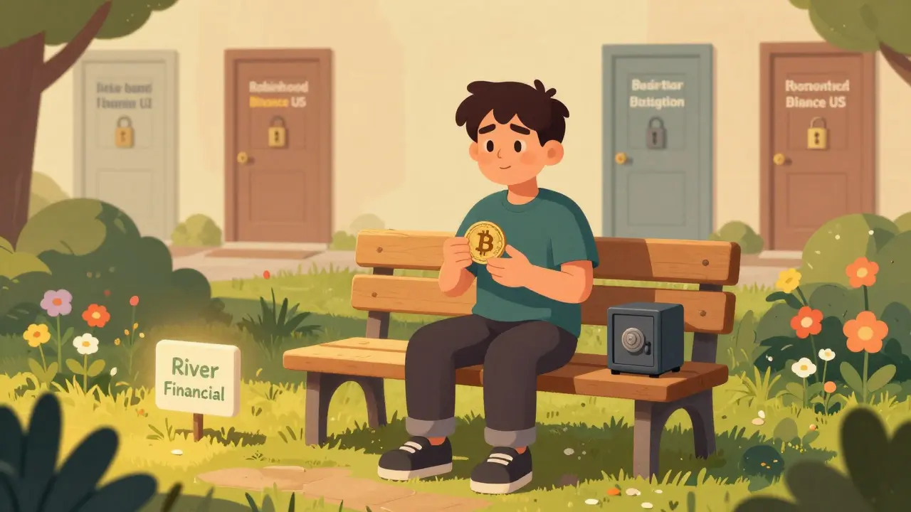 A Bitcoin maximalist sitting peacefully with a single Bitcoin, surrounded by a minimalist garden and a River Financial sign.