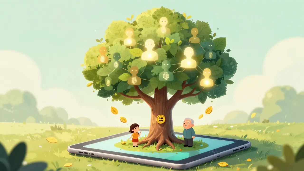 A blockchain tree with human silhouettes as leaves, children and elders watching golden tokens float upward.