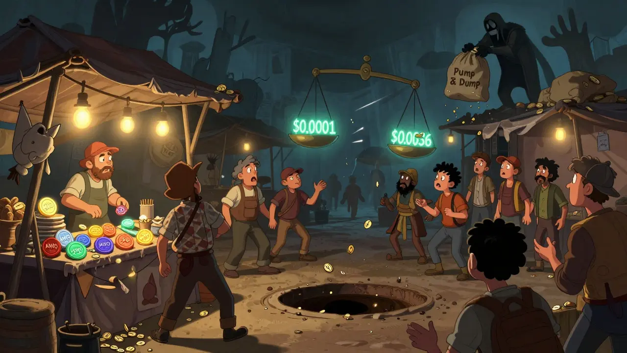 A chaotic marketplace with merchants selling confusingly similar crypto tokens while a scale swings wildly between prices.