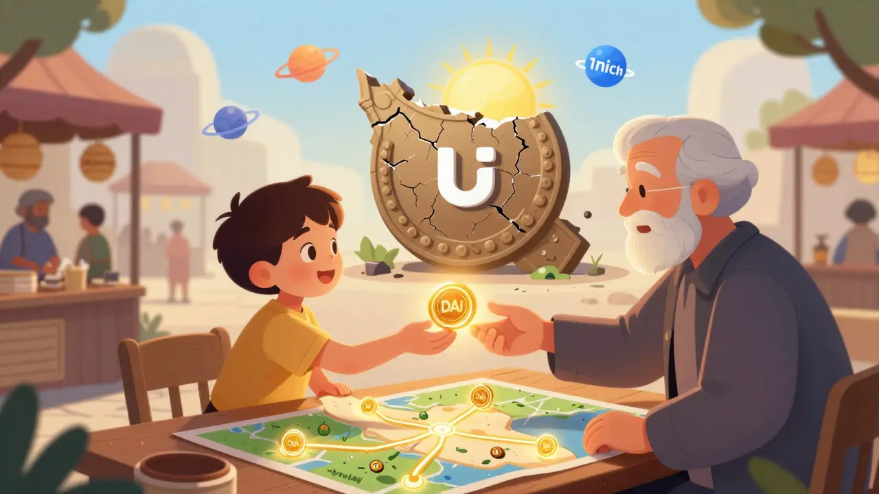 A child giving a DAI coin to an elder, with a glowing map of Iran showing safe crypto paths and a broken government seal.