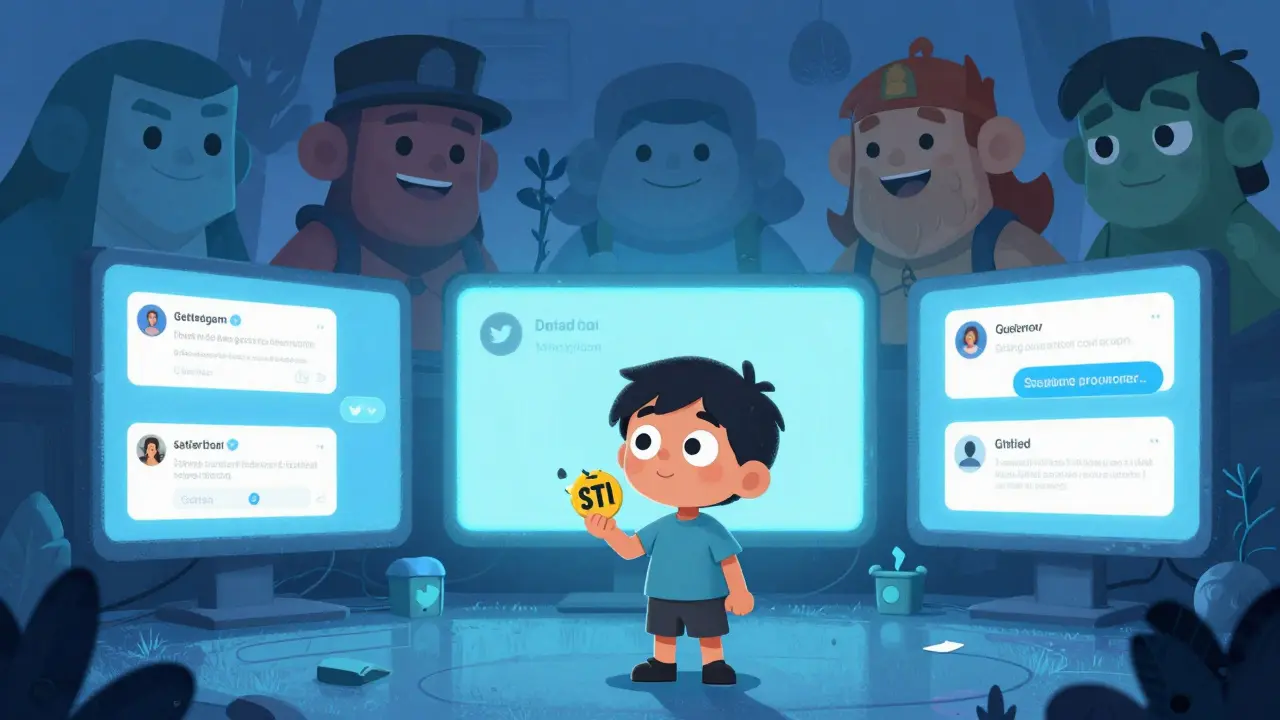 A child holding a broken STI token before walls of dead crypto websites, while successful projects loom in the background.