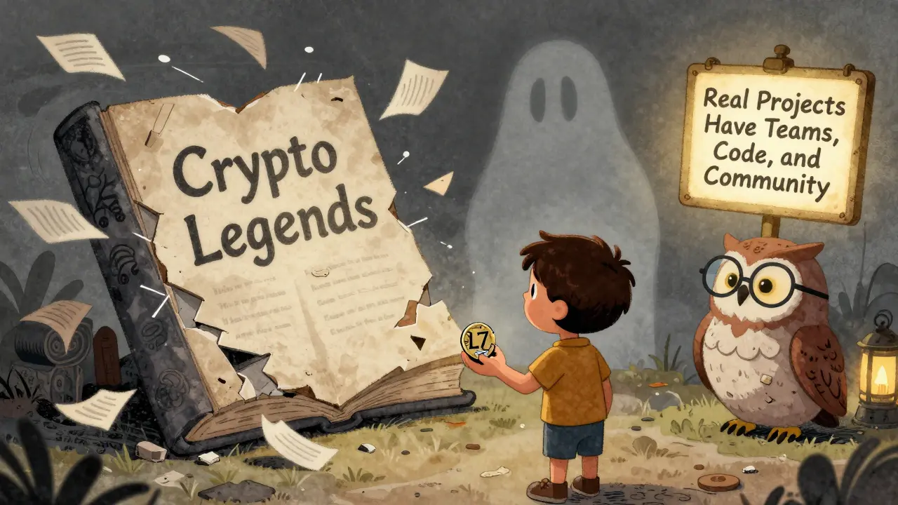 A child holds a crumbling L7 token as an owl points to a sign about real crypto projects.