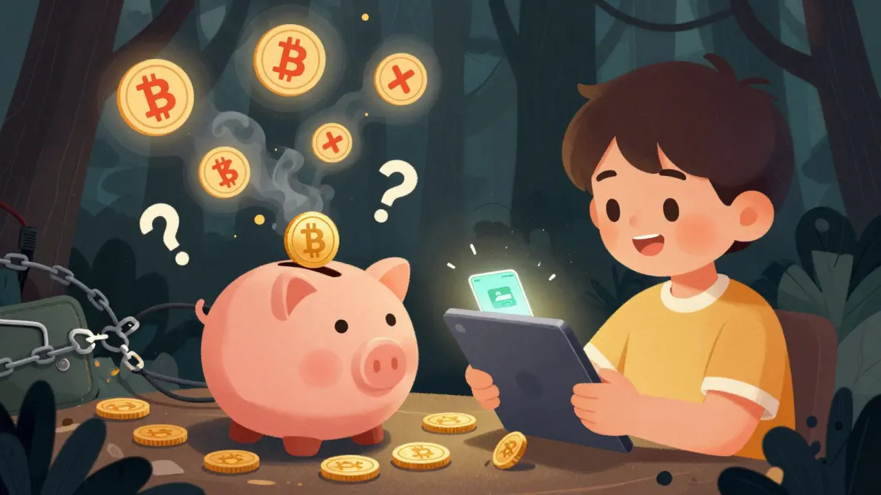A child using the digital yuan app as forbidden crypto tech fades away in a dreamlike illustration.
