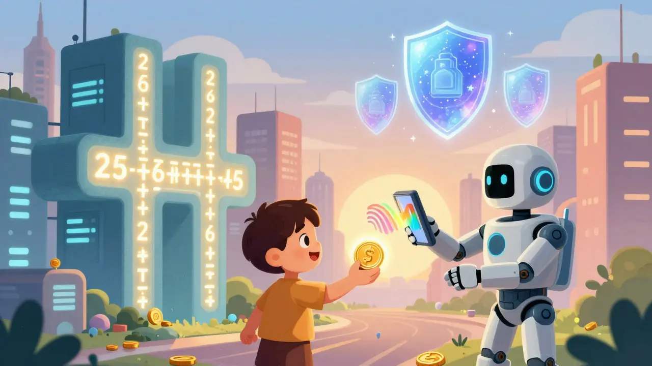 A city of hash-shaped buildings pulses with glowing codes as a child gives a coin to a robot, symbolizing secure digital trust.
