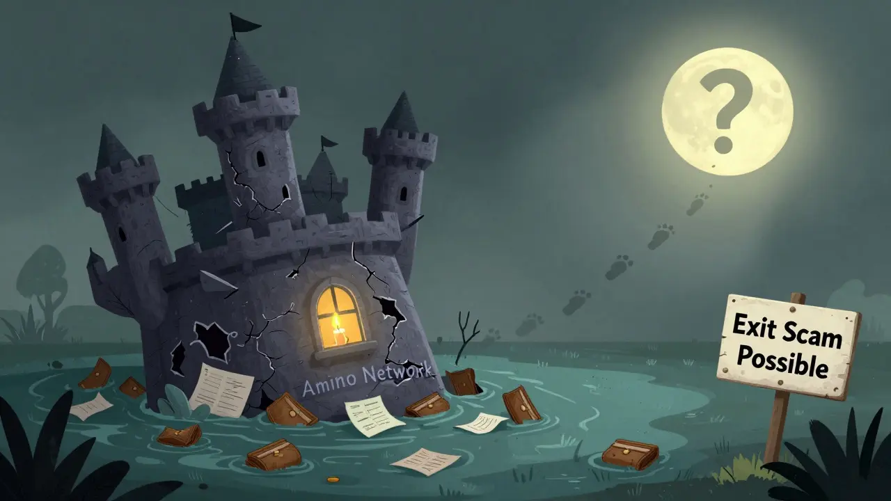 A crumbling castle labeled &#039;Amino Network&#039; sinks into a swamp as a question-mark moon shines overhead.