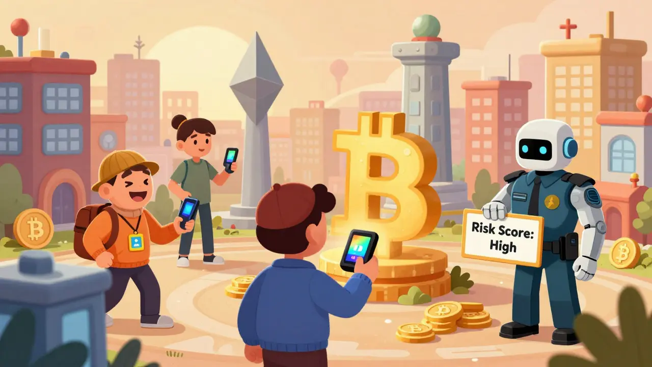 A crypto city where exchanges scan deposits and a user with a mixer hat is gently stopped by a robot officer.